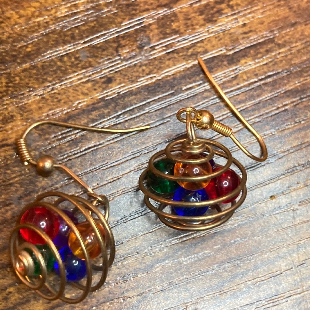 Wire Wrapped Cage Bead Drop Dangle Earrings Multi Color Gold Tone Boho Orb